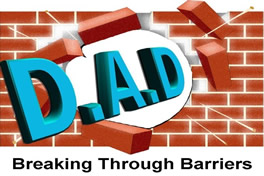 Darlington Association on Disability Logo showing the letters D.A.D. breaking through a wall